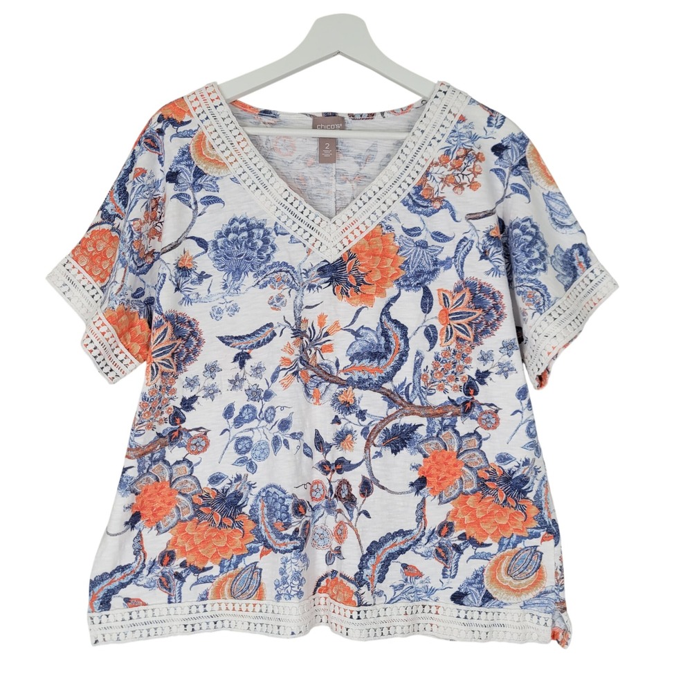 Chico's Floral V-Neck Top Women Size 2 Cotton White Blue Orange Crochet Trim